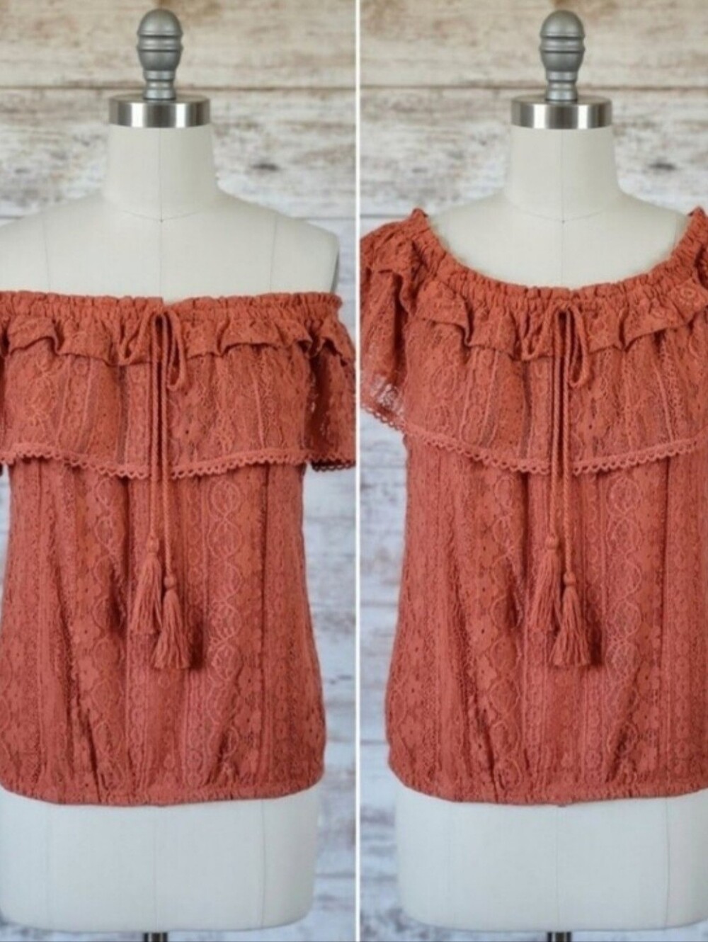 No Boundaries Boho Lace Off Shoulder Smocked Tassel Blouse Top Salmon - Picture 1 of 12
